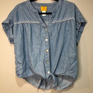 Ruby Rd. Denim Embroidered Tie Button Blouse
